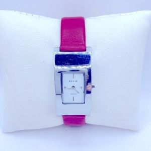 Working! Ladies Relic Rectangular Face Watch Red Leather Band